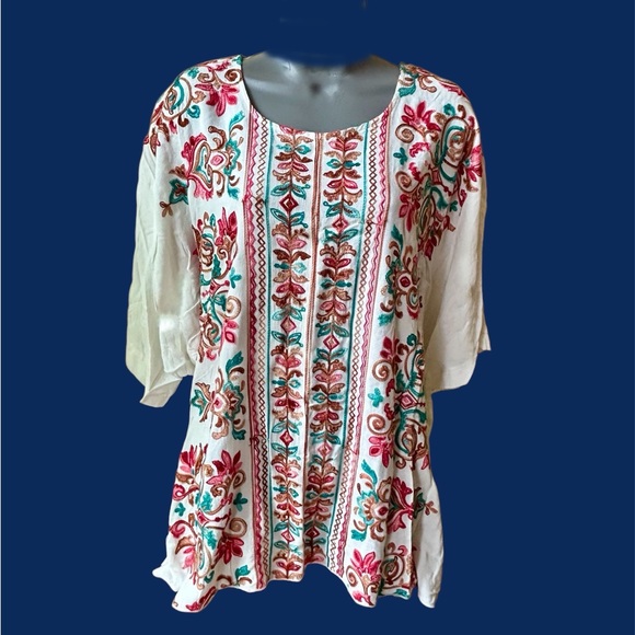 Embroidered Floral Women's Top - White, Pink, teal colors. Loose fit. Sz. M/L - Picture 2 of 5